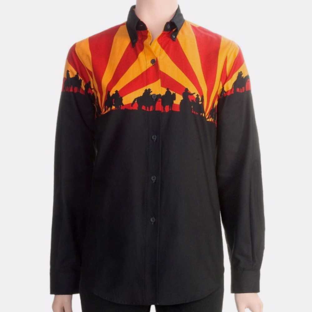 NWT Roper cowboy shirt XS Horses Black Orange Pure cotton Western Buttons Collar